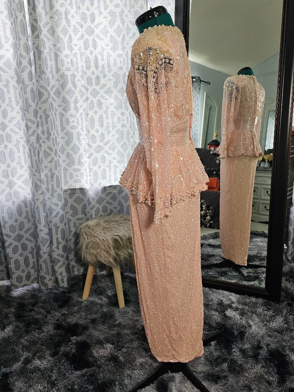 Lillie Rubin x Riazee New York Vintage 1980s Blush Beaded Evening Gown, Size S - Picture 2 of 8